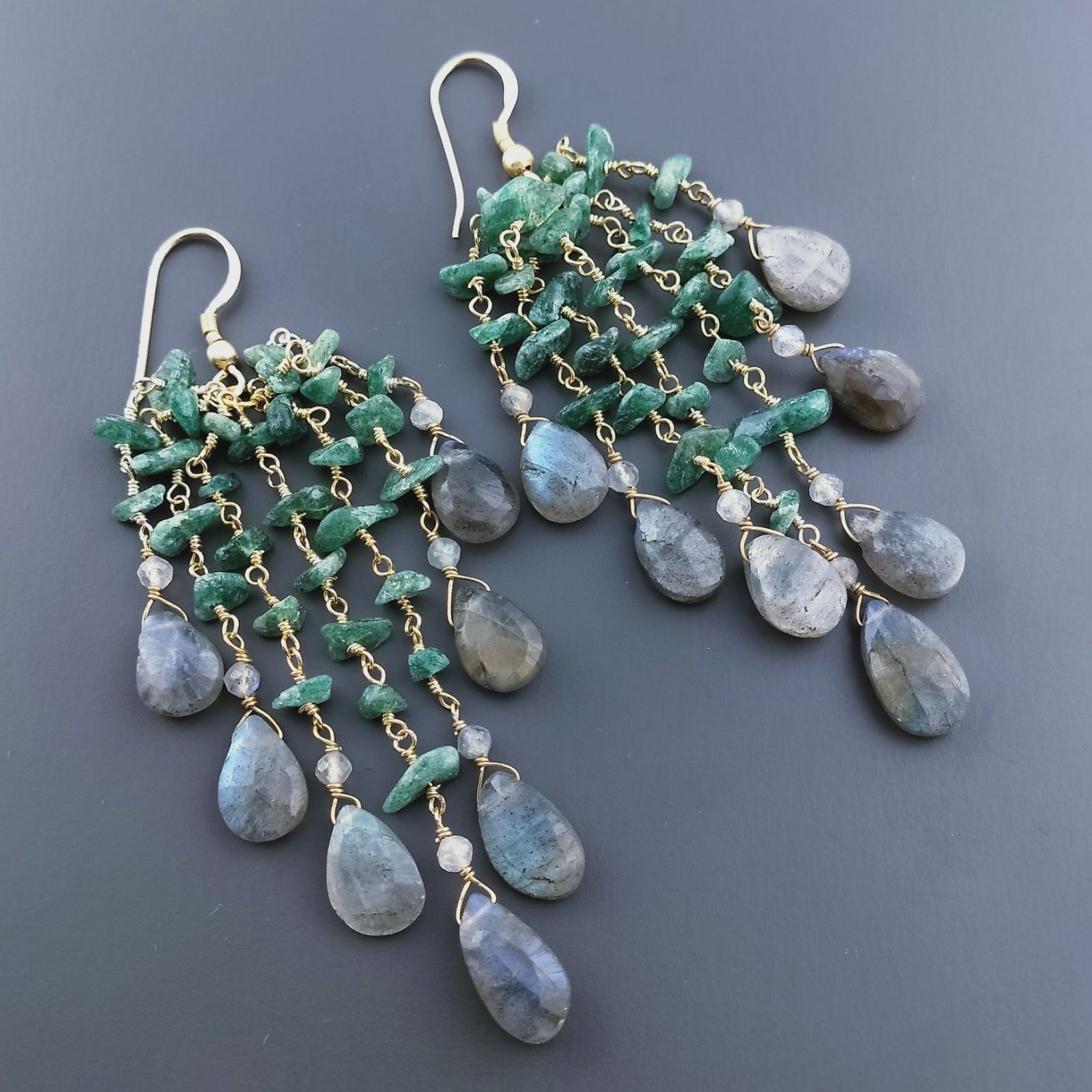 Orecchini Pioggia A Nodo Orafo Dorato Con Avventurina Verde E Labradorite Goccia Sfaccettato Briolette A Mano
