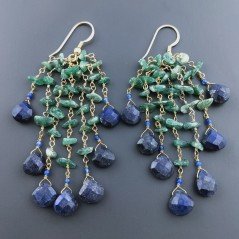 Orecchini Pioggia A Nodo Orafo Dorato Con Avventurina Verde E Lapis Lazuli Goccia Sfaccettato Briolette A Mano