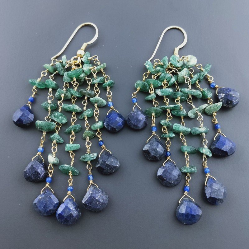 Orecchini Pioggia A Nodo Orafo Dorato Con Avventurina Verde E Lapis Lazuli Goccia Sfaccettato Briolette A Mano