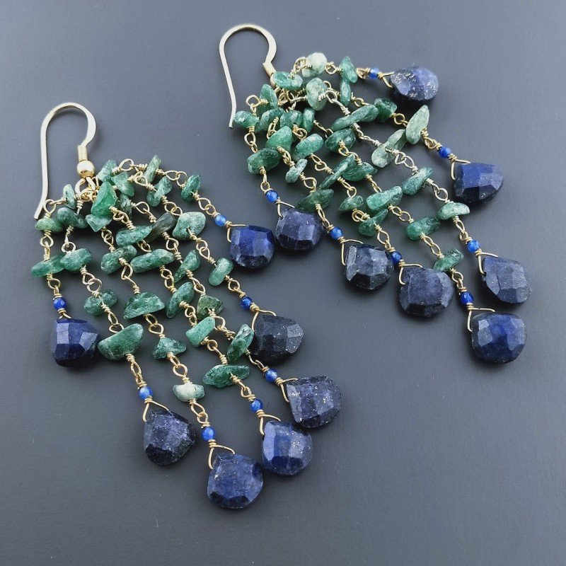 Orecchini Pioggia A Nodo Orafo Dorato Con Avventurina Verde E Lapis Lazuli Goccia Sfaccettato Briolette A Mano