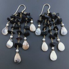 Orecchini Pioggia A Nodo Orafo Dorato Con Agata Nera E Opale Dendritica Goccia Sfaccettato Briolette A Mano