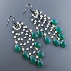 Orecchini Pioggia A Nodo Orafo Brunito Con Pietra Di Luna E Onice Verde Goccia Briolette Sfaccettato A Mano