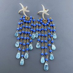 Orecchini Pioggia A Nodo Orafo Dorato Con Calcedonio Blu E Apatite Goccia Liscio A Mano