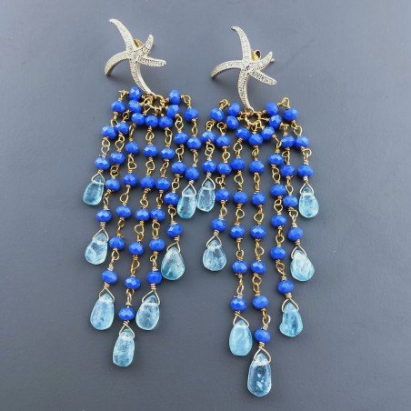 Orecchini Pioggia A Nodo Orafo Dorato Con Calcedonio Blu E Apatite Goccia Liscio A Mano