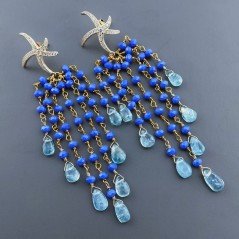 Orecchini Pioggia A Nodo Orafo Dorato Con Calcedonio Blu E Apatite Goccia Liscio A Mano