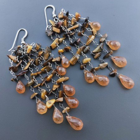 Orecchini Pioggia A Nodo Orafo Rodiato Con Occhio Di Tigre E Granato Hessonite Goccia Sfaccettato A Mano