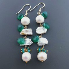 Orecchini A Nodo Orafo Dorato Con Perle Di Fiume Scaramazze E Onice Verde Goccia Briolette Sfaccettato A Mano