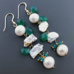 Orecchini A Nodo Orafo Dorato Con Perle Di Fiume Scaramazze E Onice Verde Goccia Briolette Sfaccettato A Mano