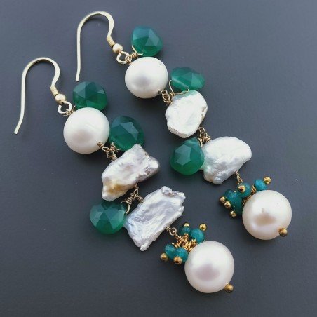 Orecchini A Nodo Orafo Dorato Con Perle Di Fiume Scaramazze E Onice Verde Goccia Briolette Sfaccettato A Mano