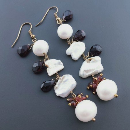 Orecchini A Nodo Orafo Dorato Con Perle Di Fiume Scaramazze E Granato Rosso Goccia Briolette Sfaccettato A Mano