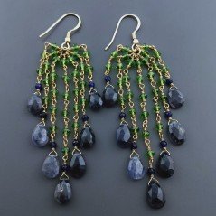 Orecchini Pioggia A Nodo Orafo Dorato Con Zircone Verde E Iolite Goccia Sfaccettato Briolette A Mano