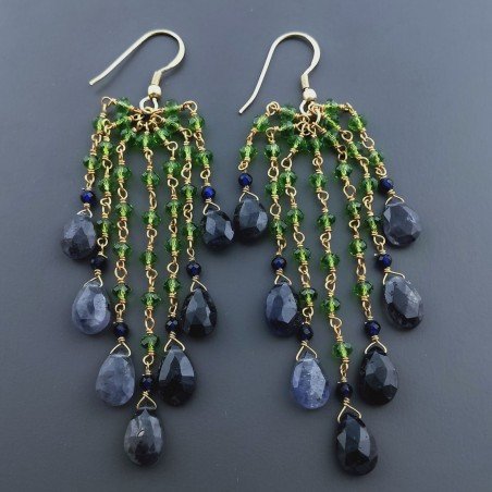 Orecchini Pioggia A Nodo Orafo Dorato Con Zircone Verde E Iolite Goccia Sfaccettato Briolette A Mano