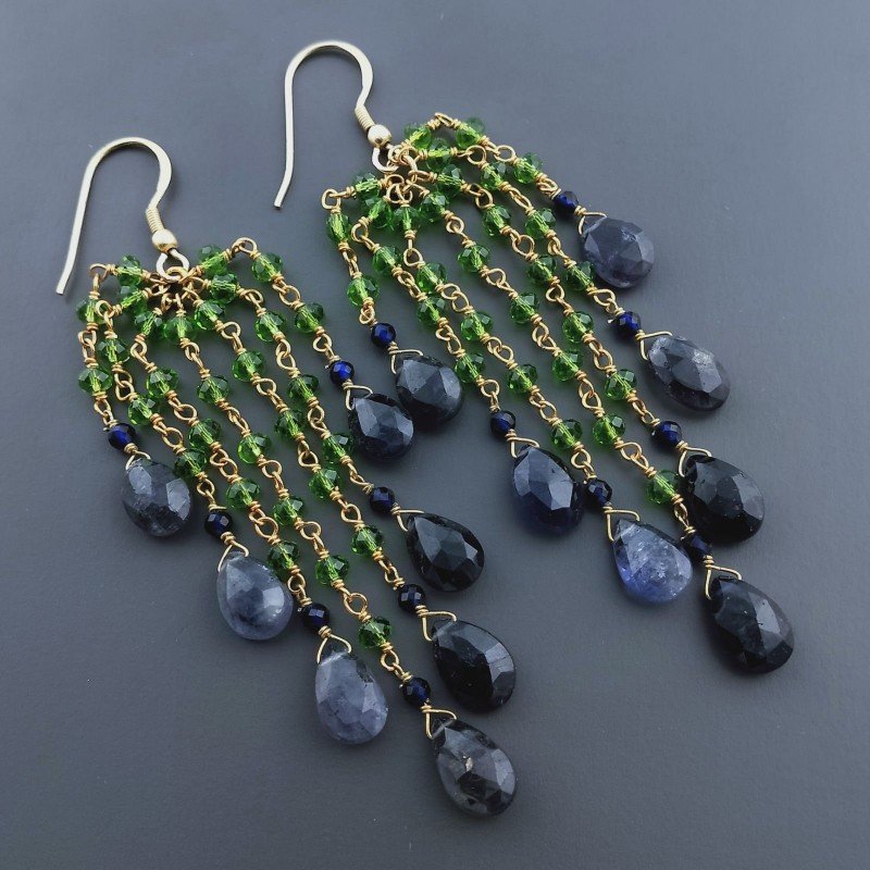 Orecchini Pioggia A Nodo Orafo Dorato Con Zircone Verde E Iolite Goccia Sfaccettato Briolette A Mano