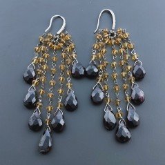 Orecchini Pioggia A Nodo Orafo Rodiato Con Zircone Giallo E Granato Rosso Goccia Sfaccettato Briolette A Mano