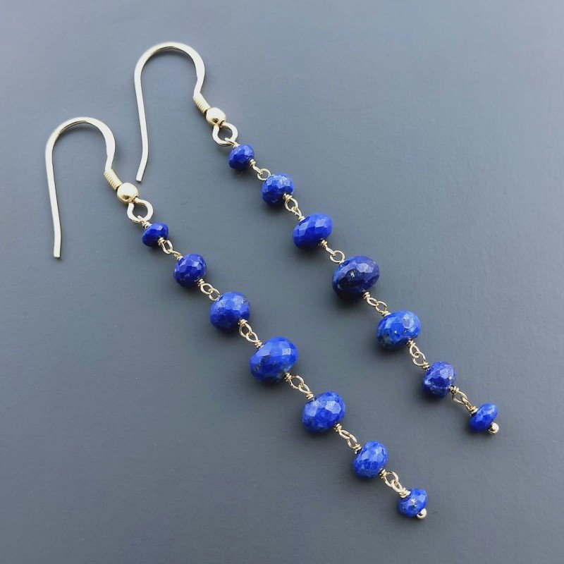 Orecchini In Argento 925 Gradazione A Nodo Orafo Dorato Con Lapis Lazuli Rondelle Sfaccettato A Mano