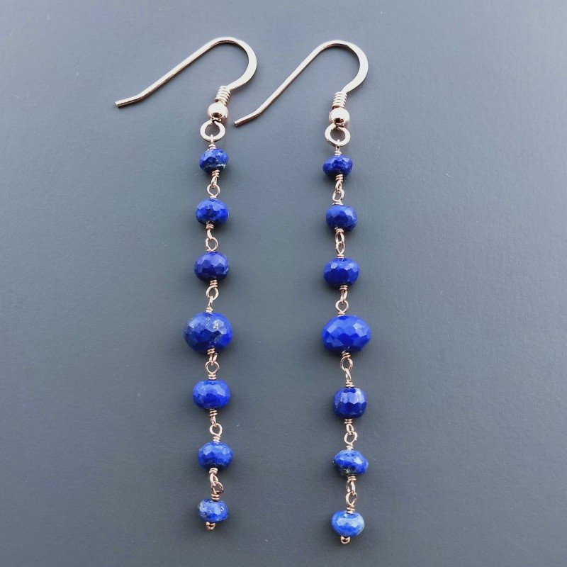 Orecchini In Argento 925 Gradazione A Nodo Orafo Oro Rosa Con Lapis Lazuli Rondelle Sfaccettato A Mano