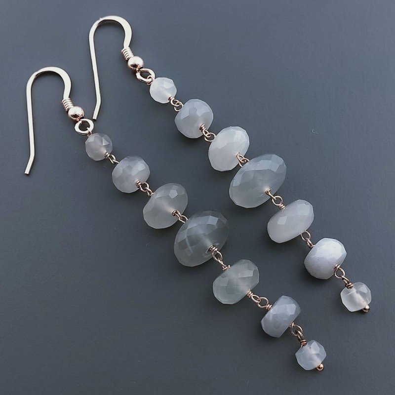 Orecchini In Argento 925 Gradazione A Nodo Orafo Oro Rosa Con Pietra Di Luna Grigia (Adularia) Rondelle Sfaccettato A Mano