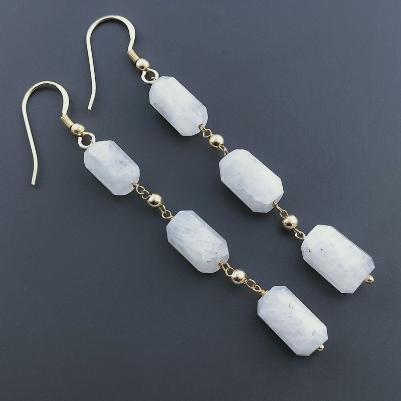 Orecchini In Argento 925 A Nodo Orafo Dorato Con Labradorite Bianca Tubetti Sfaccettato A Mano