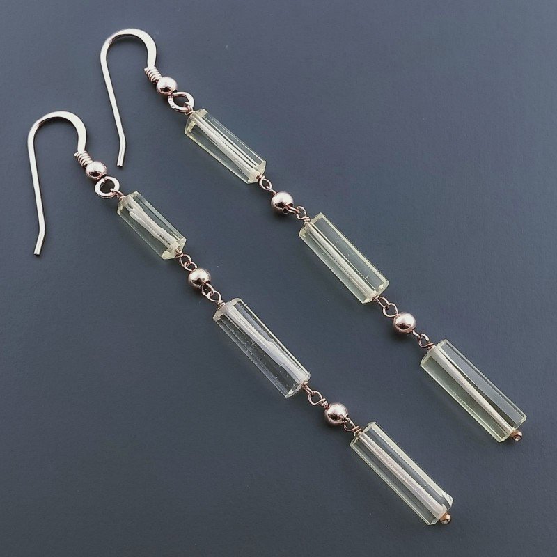 Orecchini In Argento 925 A Nodo Orafo Oro Rosa Con Quarzo Limone Tubetti Sfaccettato A Mano
