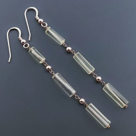 Orecchini In Argento 925 A Nodo Orafo Oro Rosa Con Quarzo Limone Tubetti Sfaccettato A Mano