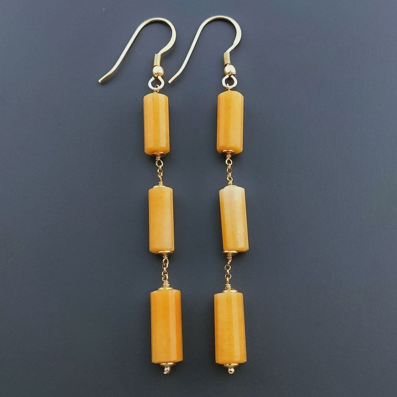 Orecchini In Argento 925 A Nodo Orafo Dorato Con Calcite Gialla Tubetti Sfaccettato A Mano