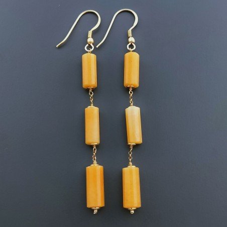 Orecchini In Argento 925 A Nodo Orafo Dorato Con Calcite Gialla Tubetti Sfaccettato A Mano