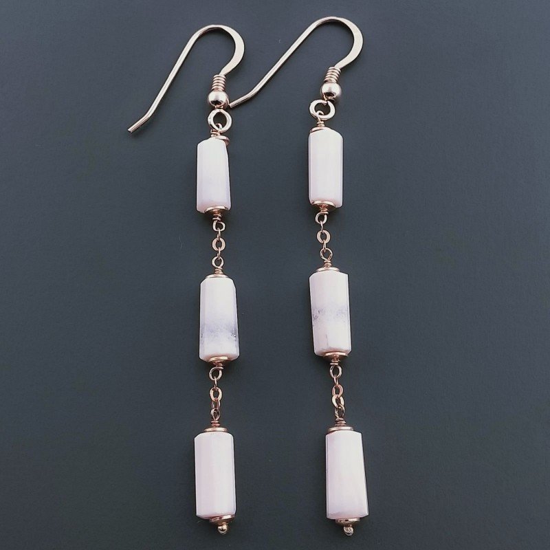 Orecchini In Argento 925 A Nodo Orafo Oro Rosa Con Opale Rosa Tubetti Sfaccettato A Mano