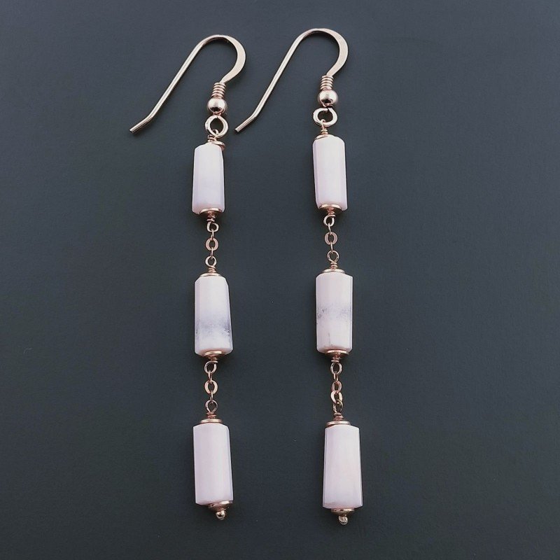 Orecchini In Argento 925 A Nodo Orafo Oro Rosa Con Opale Rosa Tubetti Sfaccettato A Mano