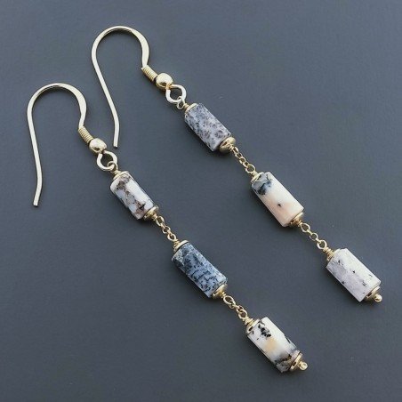 Orecchini In Argento 925 A Nodo Orafo Dorato Con Opale Dendritica Tubetti Sfaccettato A Mano