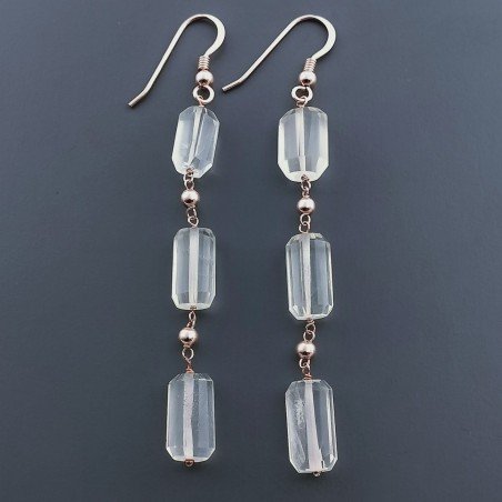 Orecchini In Argento 925 A Nodo Orafo Oro Rosa Con Quarzo Limone Milky Tubetti Sfaccettato A Mano
