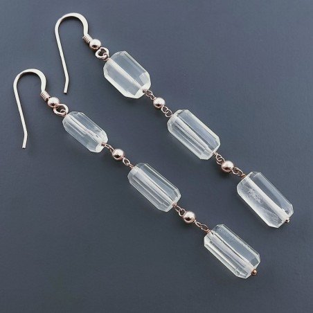 Orecchini In Argento 925 A Nodo Orafo Oro Rosa Con Quarzo Limone Milky Tubetti Sfaccettato A Mano