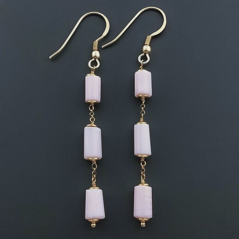 Orecchini In Argento 925 A Nodo Orafo Dorato Con Opale Rosa Tubetti Sfaccettato A Mano