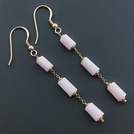 Orecchini In Argento 925 A Nodo Orafo Dorato Con Opale Rosa Tubetti Sfaccettato A Mano