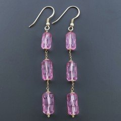 Orecchini In Argento 925 A Nodo Orafo Dorato Con Cristallo Di Rocca Diamantata Fucsia Tubetti Sfaccettato A Mano