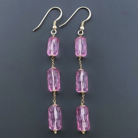 Orecchini In Argento 925 A Nodo Orafo Dorato Con Cristallo Di Rocca Diamantata Fucsia Tubetti Sfaccettato A Mano