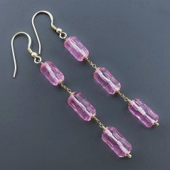 Orecchini In Argento 925 A Nodo Orafo Dorato Con Cristallo Di Rocca Diamantata Fucsia Tubetti Sfaccettato A Mano