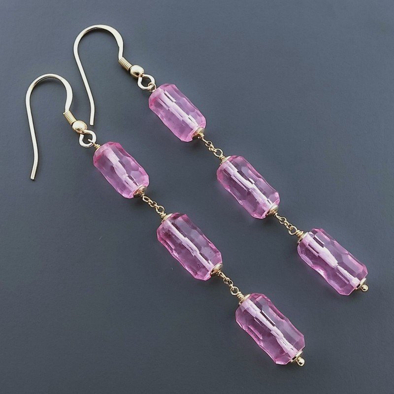 Orecchini In Argento 925 A Nodo Orafo Dorato Con Cristallo Di Rocca Diamantata Fucsia Tubetti Sfaccettato A Mano
