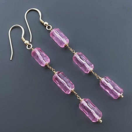 Orecchini In Argento 925 A Nodo Orafo Dorato Con Cristallo Di Rocca Diamantata Fucsia Tubetti Sfaccettato A Mano