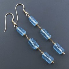 Orecchini In Argento 925 A Nodo Orafo Dorato Con Cristallo Di Rocca Diamantata Azzurro Tubetti Sfaccettato A Mano