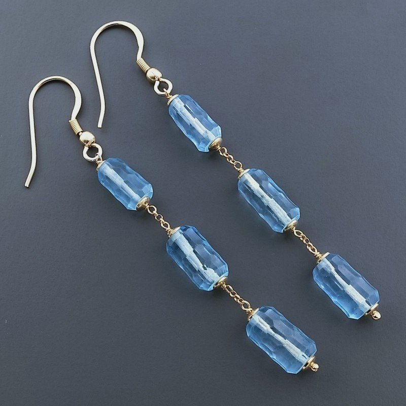 Orecchini In Argento 925 A Nodo Orafo Dorato Con Cristallo Di Rocca Diamantata Azzurro Tubetti Sfaccettato A Mano