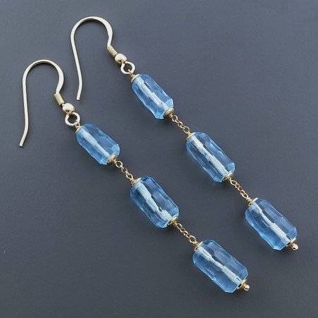 Orecchini In Argento 925 A Nodo Orafo Dorato Con Cristallo Di Rocca Diamantata Azzurro Tubetti Sfaccettato A Mano