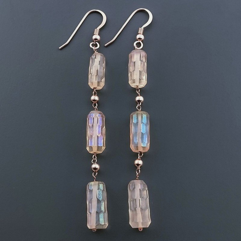 Orecchini In Argento 925 A Nodo Orafo Oro Rosa Con Cristallo Di Rocca Diamantata Beige Tubetti Sfaccettato A Mano
