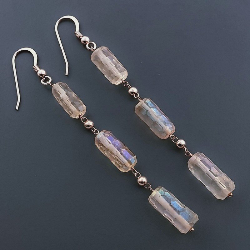 Orecchini In Argento 925 A Nodo Orafo Oro Rosa Con Cristallo Di Rocca Diamantata Beige Tubetti Sfaccettato A Mano