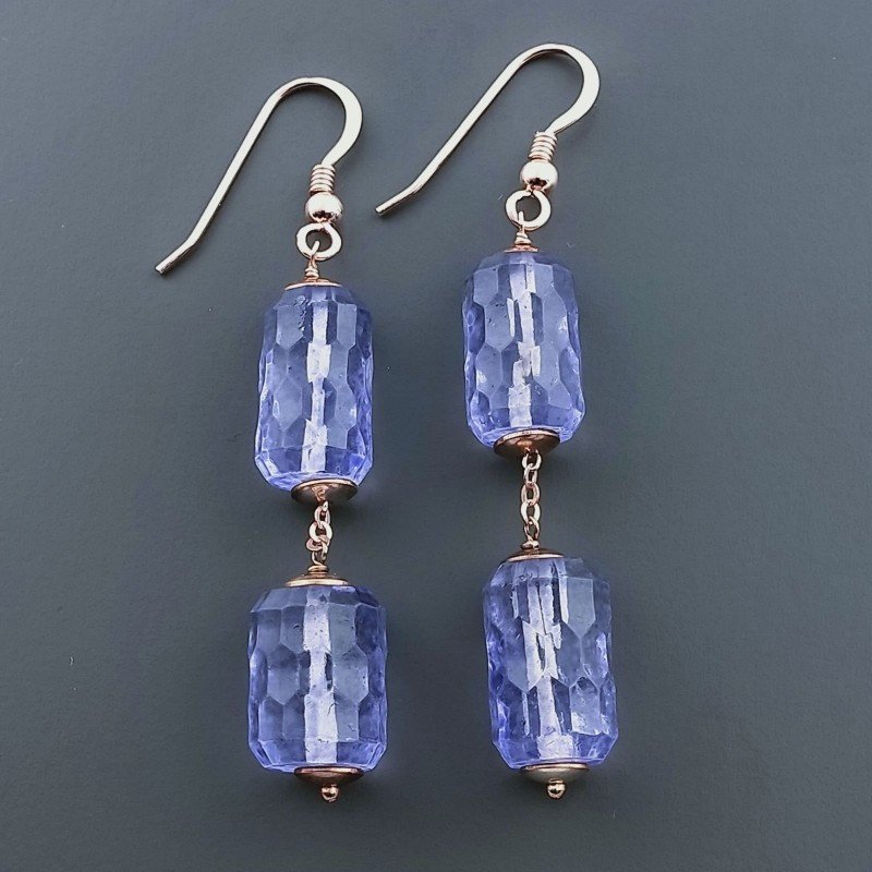Orecchini In Argento 925 A Nodo Orafo Oro Rosa Con Cristallo Di Rocca Diamantata Blu Tubetti Sfaccettato A Mano