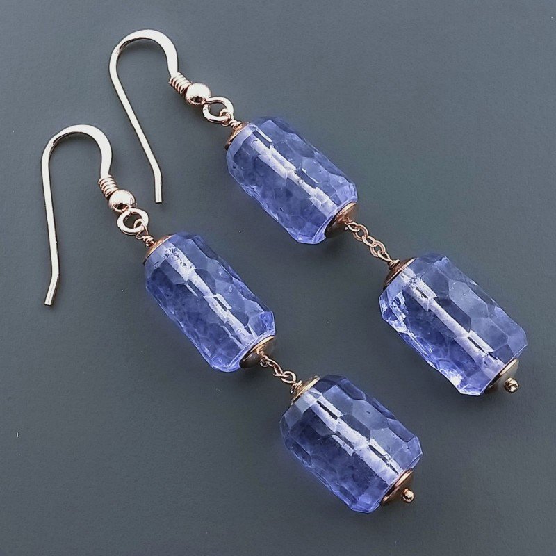 Orecchini In Argento 925 A Nodo Orafo Oro Rosa Con Cristallo Di Rocca Diamantata Blu Tubetti Sfaccettato A Mano