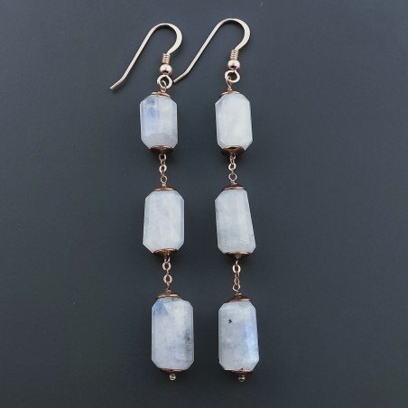 Orecchini In Argento 925 A Nodo Orafo Oro Rosa Con Labradorite Bianca Tubetti Sfaccettato A Mano