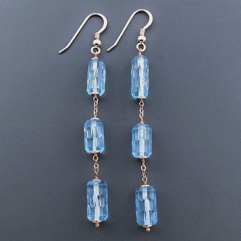 Orecchini In Argento 925 A Nodo Orafo Oro Rosa Con Cristallo Di Rocca Diamantata Azzurro Tubetti Sfaccettato A Mano