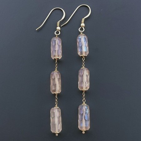 Orecchini In Argento 925 A Nodo Orafo Dorato Con Cristallo Di Rocca Diamantata Beige Tubetti Sfaccettato A Mano