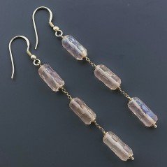 Orecchini In Argento 925 A Nodo Orafo Dorato Con Cristallo Di Rocca Diamantata Beige Tubetti Sfaccettato A Mano