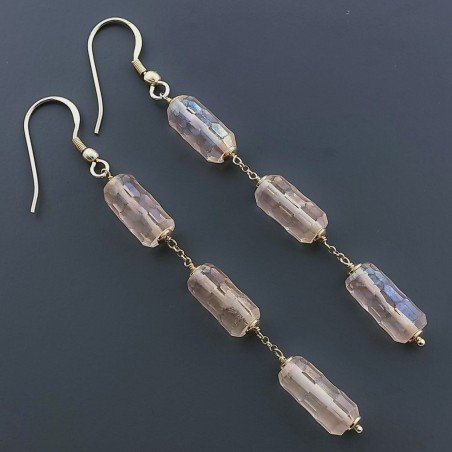 Orecchini In Argento 925 A Nodo Orafo Dorato Con Cristallo Di Rocca Diamantata Beige Tubetti Sfaccettato A Mano